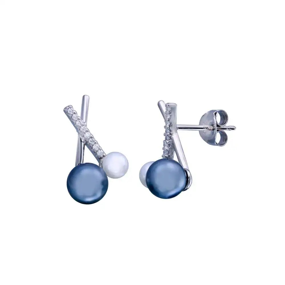 925 Sterling Silver Rhodium Plated X Style Black and Pearl CZ Earring