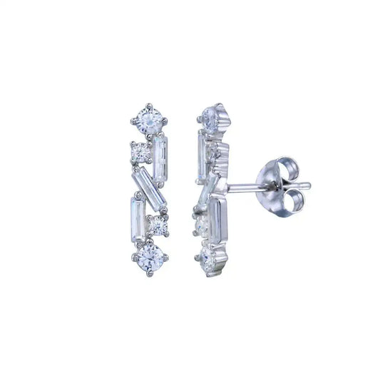 925 Sterling Silver Rhodium Plated Linear Baguette CZ Earring