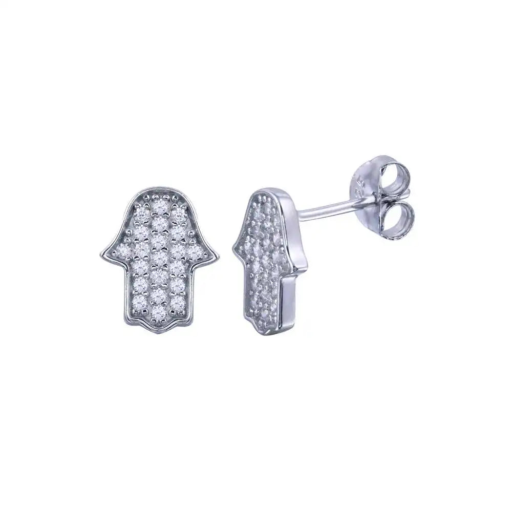 925 Sterling Silver Rhodium Plated Hamsa Hand CZ Earring