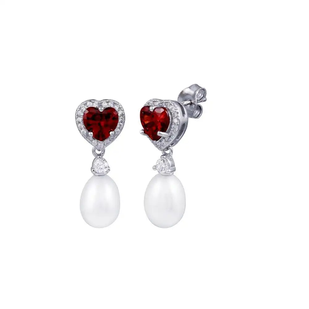 925 Sterling Silver Rhodium Plated Heart Garnet, Clear CZ and Pearl Dangling Stud Earring