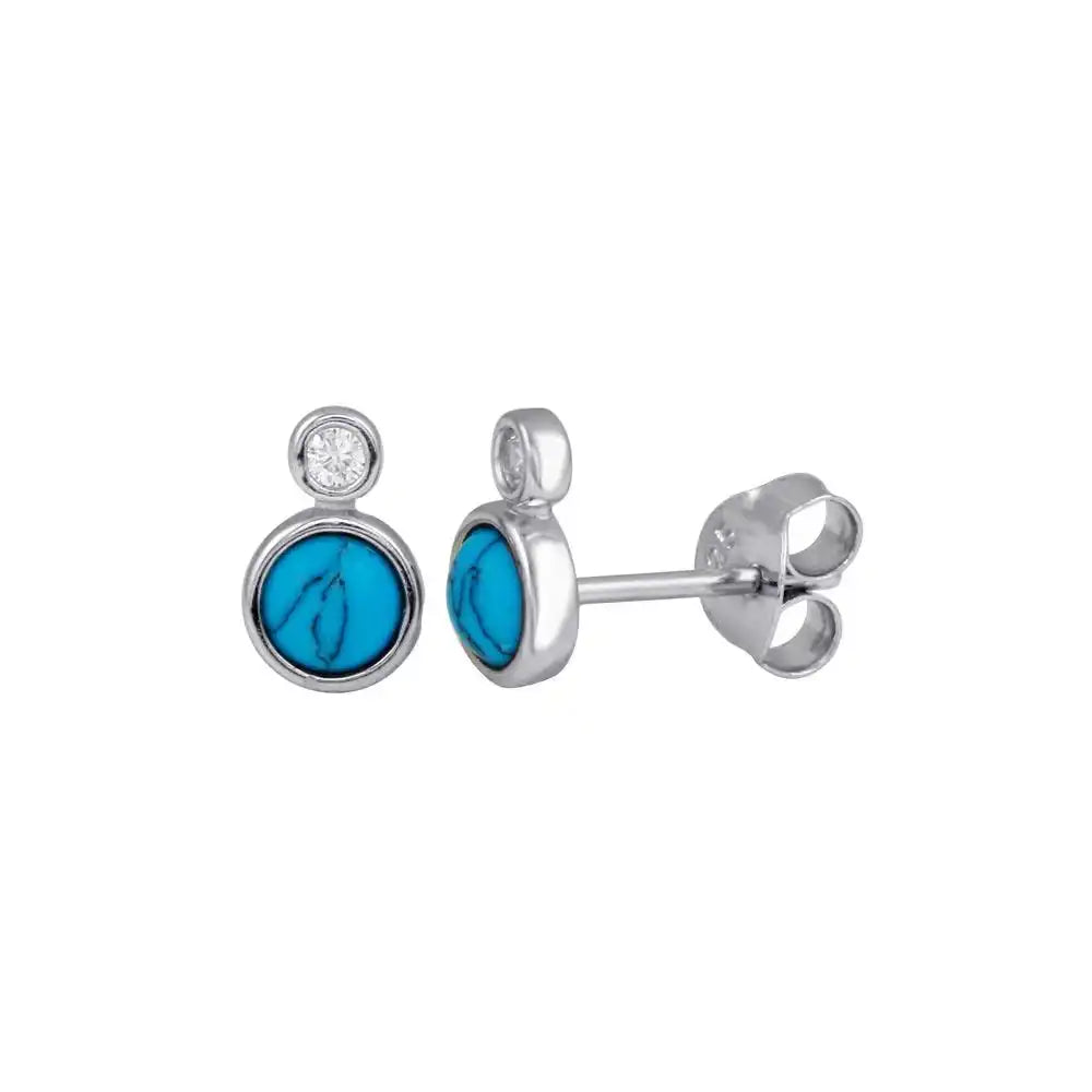 925 Sterling Silver Rhodium Plated Turquoise Clear CZ Stud Earring