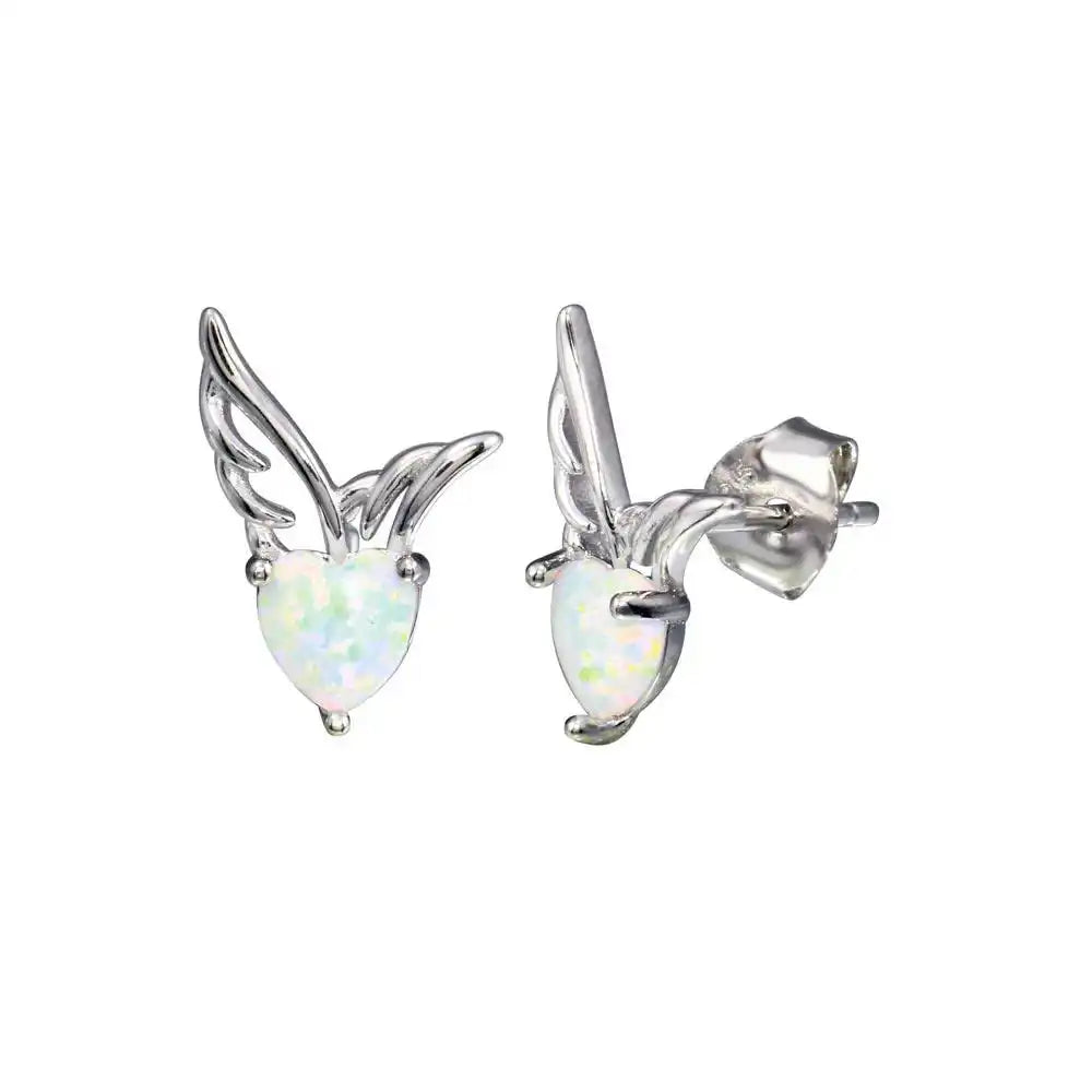 925 Sterling Silver Rhodium Plated CZ Heart Wings Opal Earring