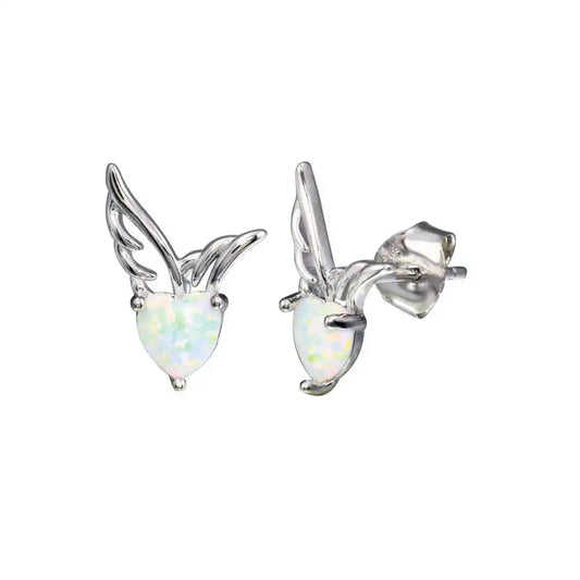 925 Sterling Silver Rhodium Plated CZ Heart Wings Opal Earring