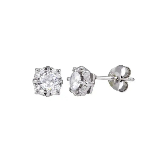 925 Sterling Silver Rhodium Plated CZ Flower Earring