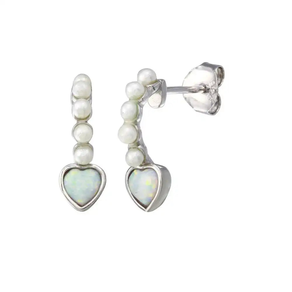 925 Sterling Silver Rhodium Plated Climbing Heart Pearl Opal Earring