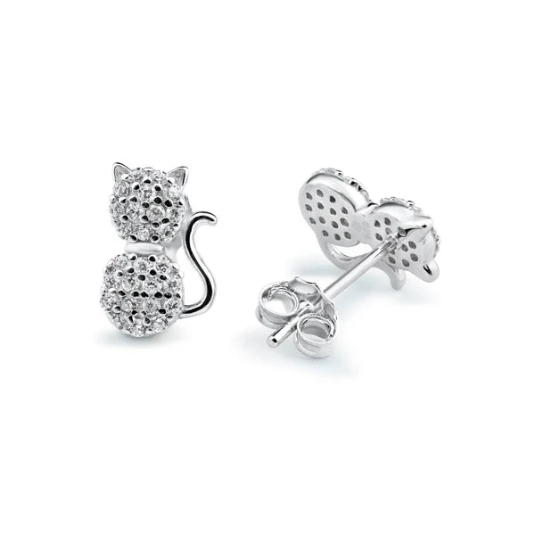 925 Sterling Silver Rhodium Plated Cat Clear CZ Stud Earring