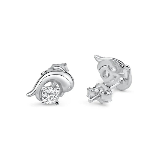 925 Sterling Silver Rhodium Plated Dangling CZ Dolphin Clear CZ Earring