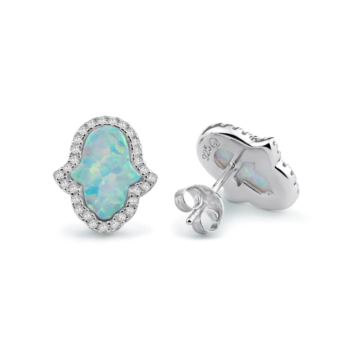 925 Sterling Silver Rhodium Plated Hamsa Opal and Clear CZ Stud Earring