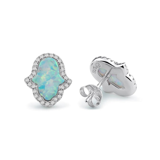 925 Sterling Silver Rhodium Plated Hamsa Opal and Clear CZ Stud Earring
