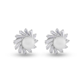 925 Sterling Silver Rhodium Plated Water Pearl Clear Baguette CZ Stud Earrings