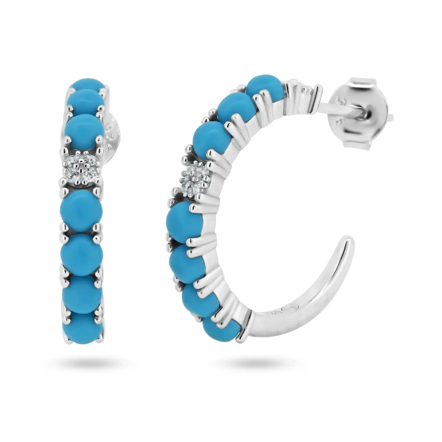 925 Sterling Silver Rhodium Plated Semi Hoop Turquoise CZ Semi Hoop Earring