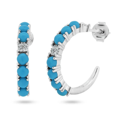 925 Sterling Silver Rhodium Plated Semi Hoop Turquoise CZ Semi Hoop Earring