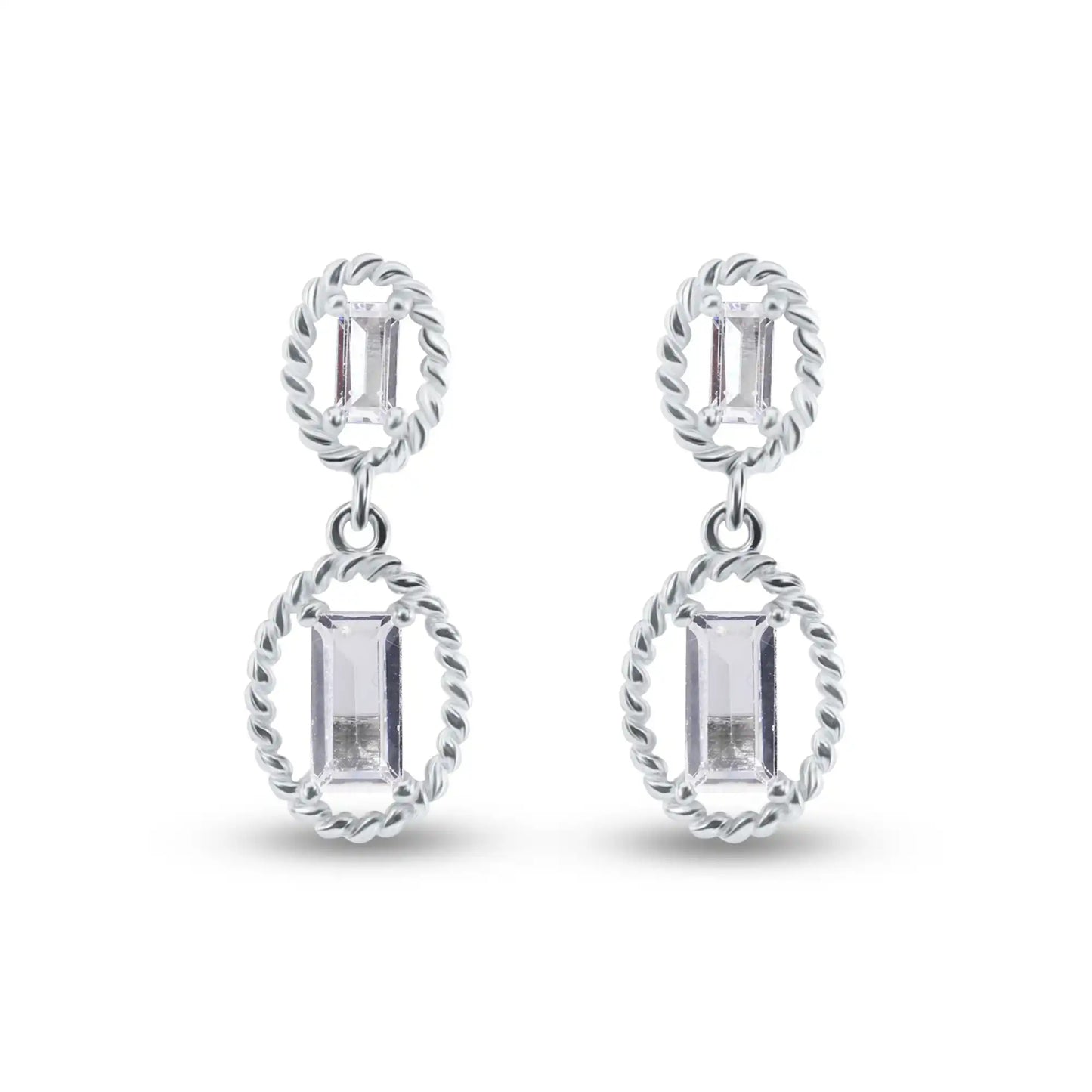 925 Sterling Silver Rhodium Plated Dangling Baguette CZ Stud Earrings