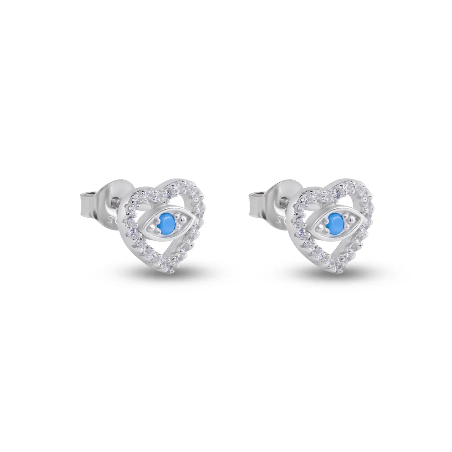 925 Sterling Silver Rhodium Plated Evil Eye Heart Clear CZ Stud Earrings
