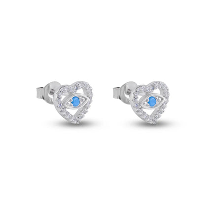 925 Sterling Silver Rhodium Plated Evil Eye Heart Clear CZ Stud Earrings