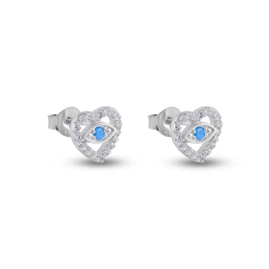 925 Sterling Silver Rhodium Plated Evil Eye Heart Clear CZ Stud Earrings