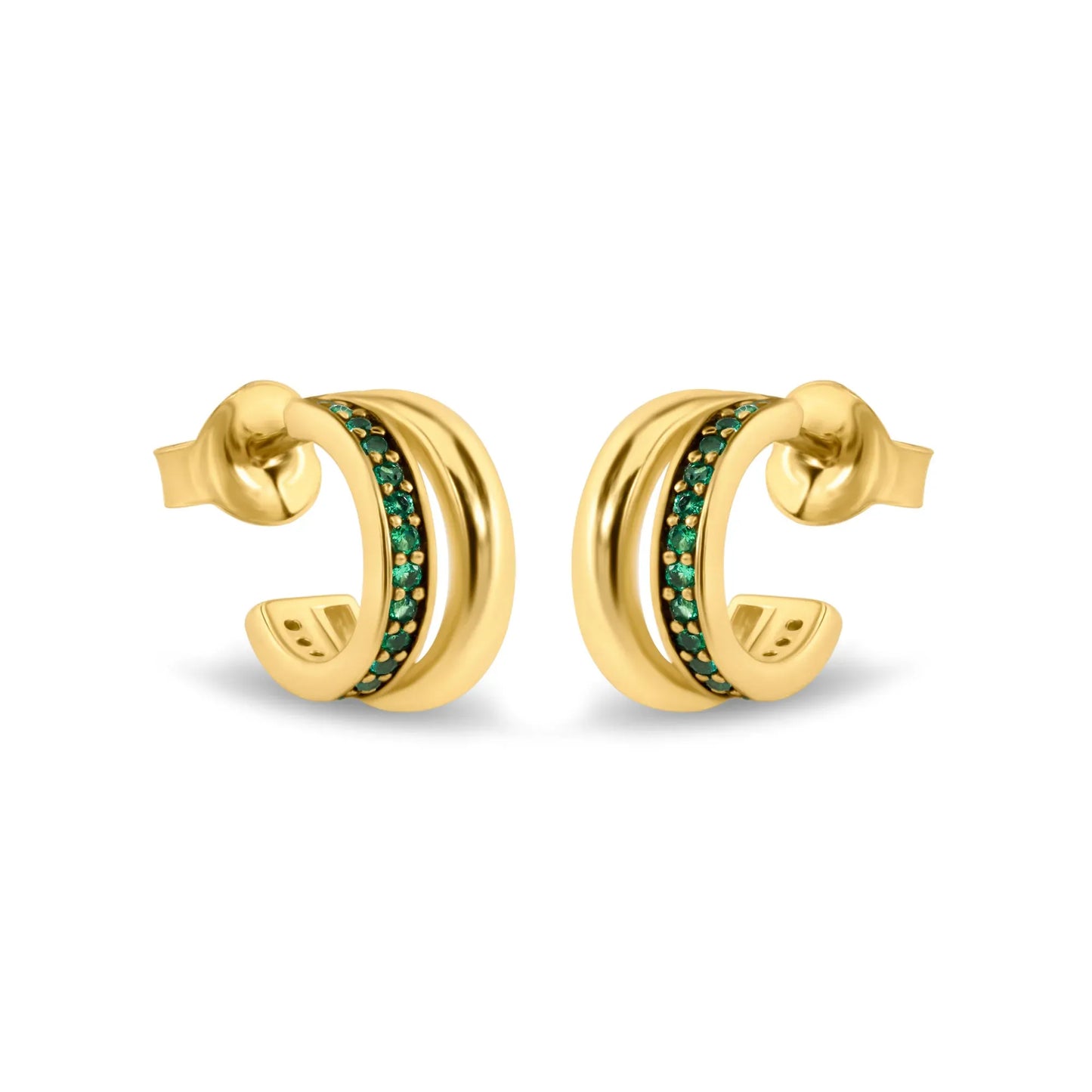 925 Sterling Silver Golden Plated Split Hoop Green CZ Stud Earrings