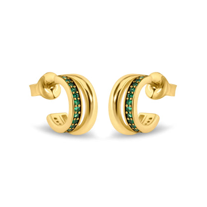 925 Sterling Silver Golden Plated Split Hoop Green CZ Stud Earrings