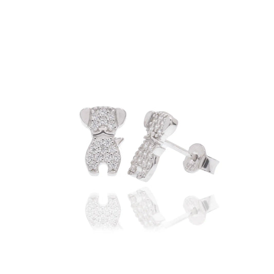 925 Sterling Silver Rhodium Plated Dog Studded Clear CZ 6.7mm x 10mm Stud Earrings