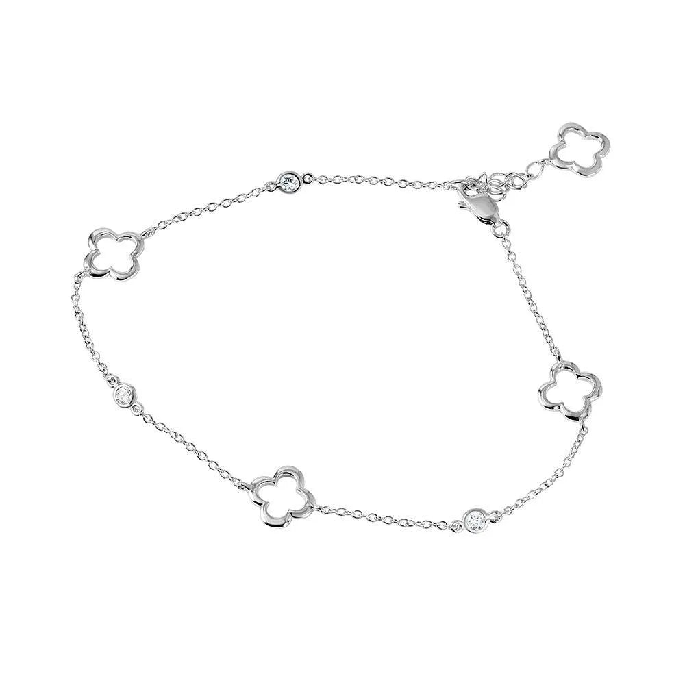 925 Sterling Silver Rhodium Plated Open Flower Anklet
