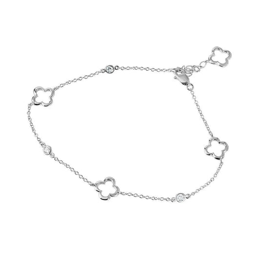 925 Sterling Silver Rhodium Plated Open Flower Anklet