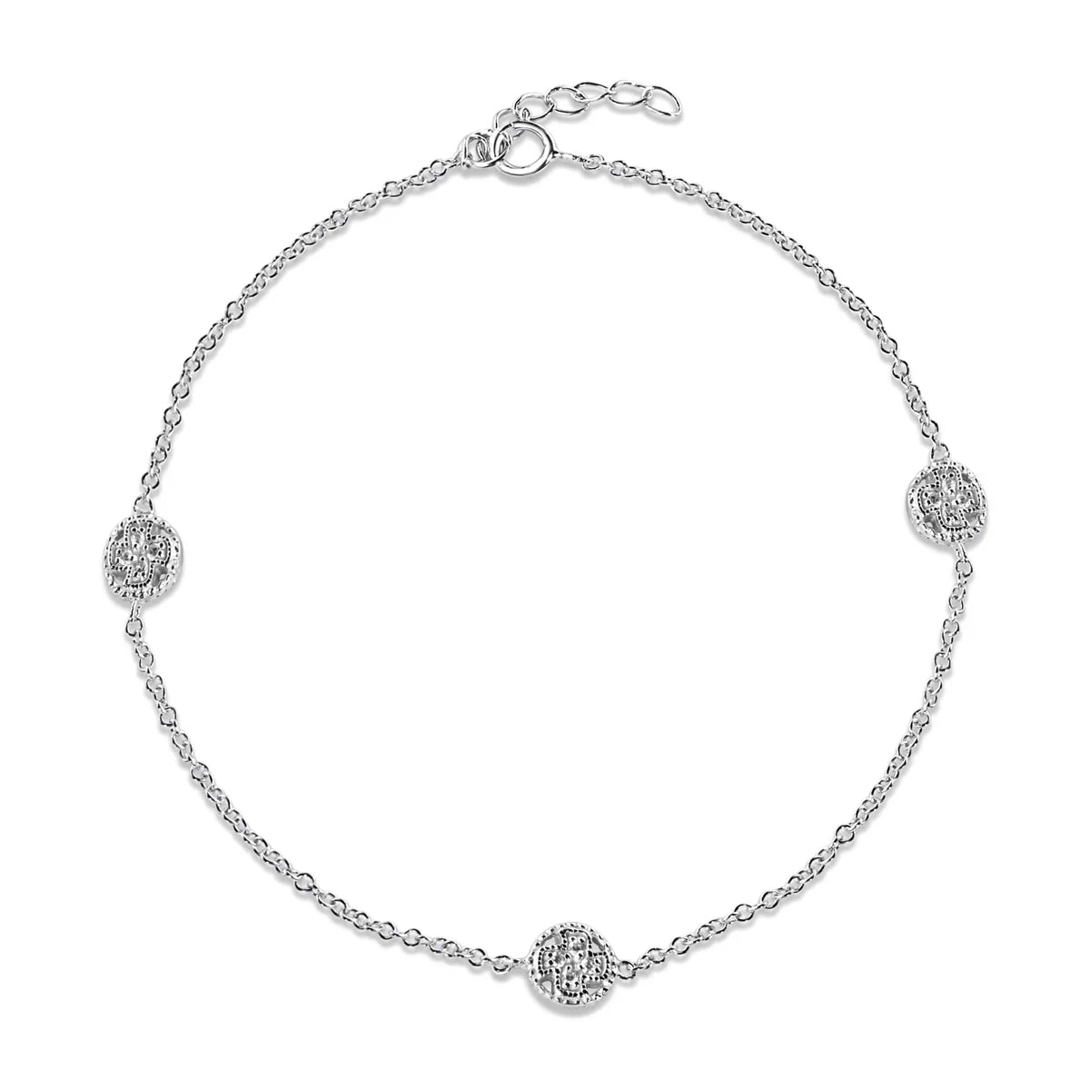 925 Sterling Silver Rhodium Plated CZ Flower Disc Anklet