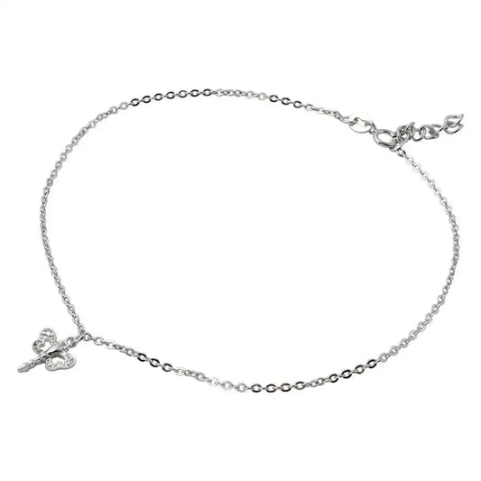 925 Sterling Silver Rhodium Plated Dangling Dragonfly Anklet with CZ