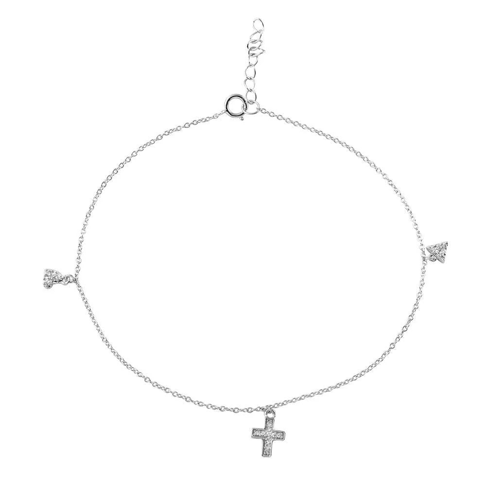 925 Sterling Silver Rhodium Plated Heart Cross and Triangle Drop Anklet
