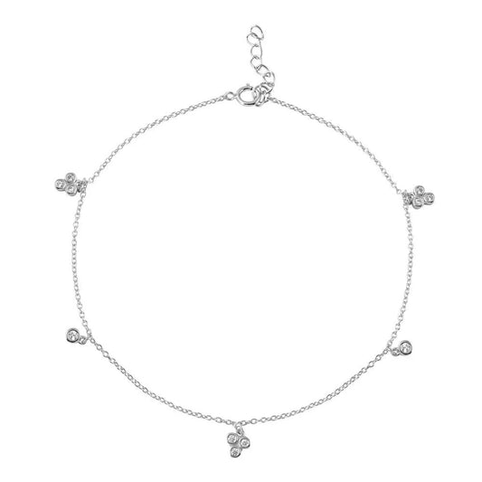 925 Sterling Silver Rhodium Plated Three Leaf Clover Drop Anklet