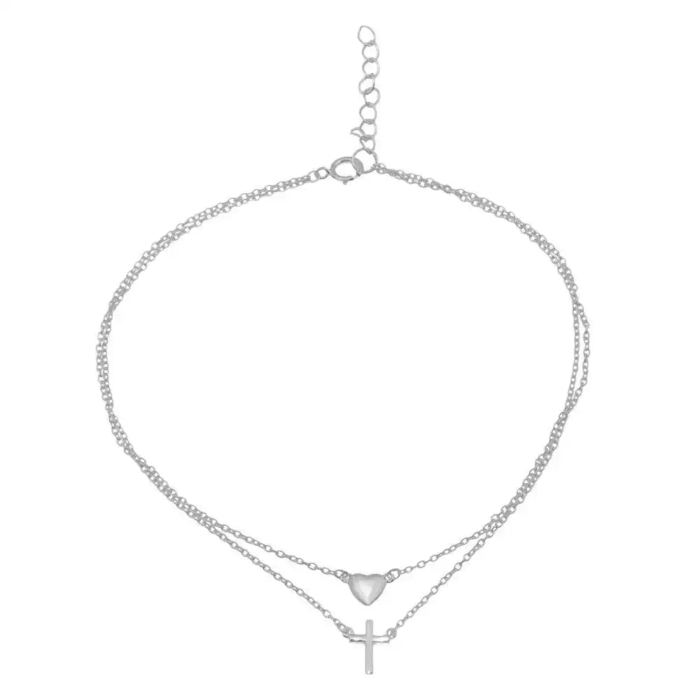 925 Sterling Silver Rhodium Plated Heart and Cross Anklet