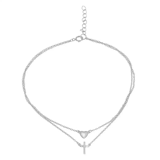 925 Sterling Silver Rhodium Plated Heart and Cross Anklet