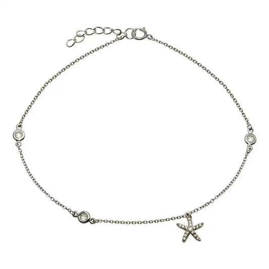 925 Sterling Silver Rhodium Plated Starfish Anklet with CZ