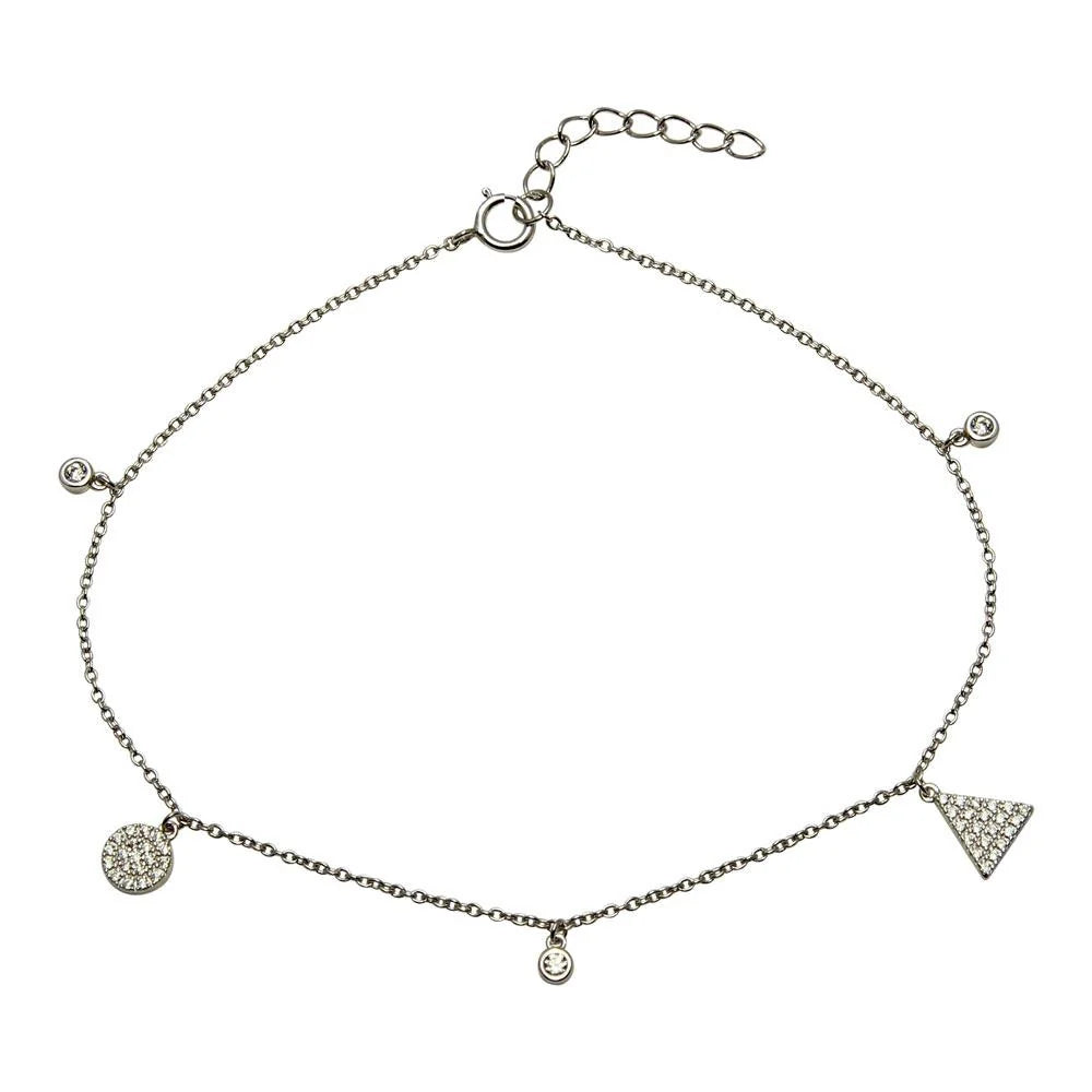 925 Sterling Silver Rhodium Plated Circle and Triangle Charm Anklet with CZ