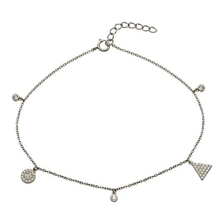 925 Sterling Silver Rhodium Plated Circle and Triangle Charm Anklet with CZ