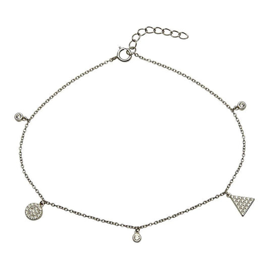 925 Sterling Silver Rhodium Plated Circle and Triangle Charm Anklet with CZ
