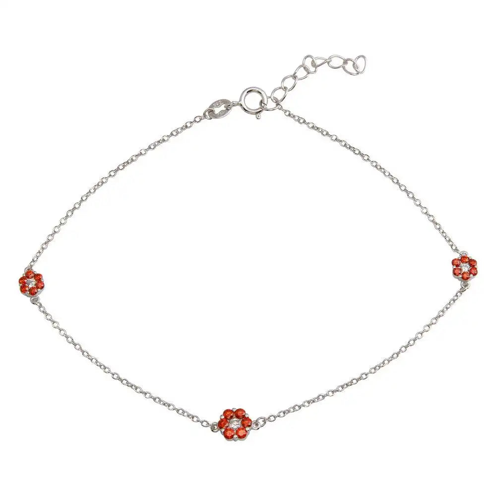 925 Sterling Silver Rhodium Plated Red CZ Flower Anklet