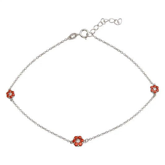 925 Sterling Silver Rhodium Plated Red CZ Flower Anklet