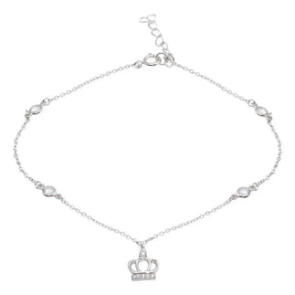 925 Sterling Silver Rhodium Plated CZ Link Crown Charm Anklet