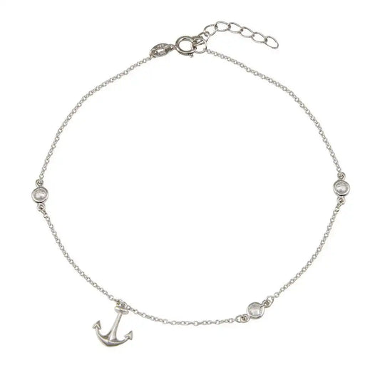 925 Sterling Silver Rhodium Plated Anchor Anklet with CZ