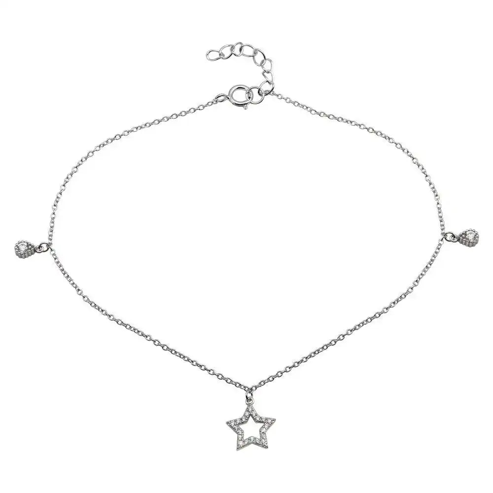 925 Sterling Silver Rhodium Plated Star and Teardrop Charm Anklet with CZ