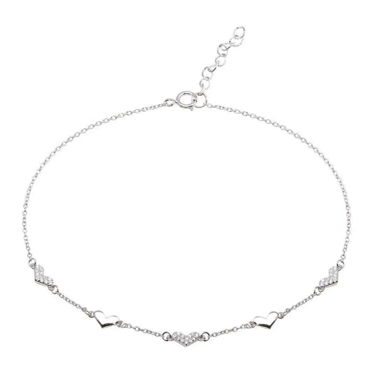 925 Sterling Silver Rhodium Plated 5 Heart CZ Anklet