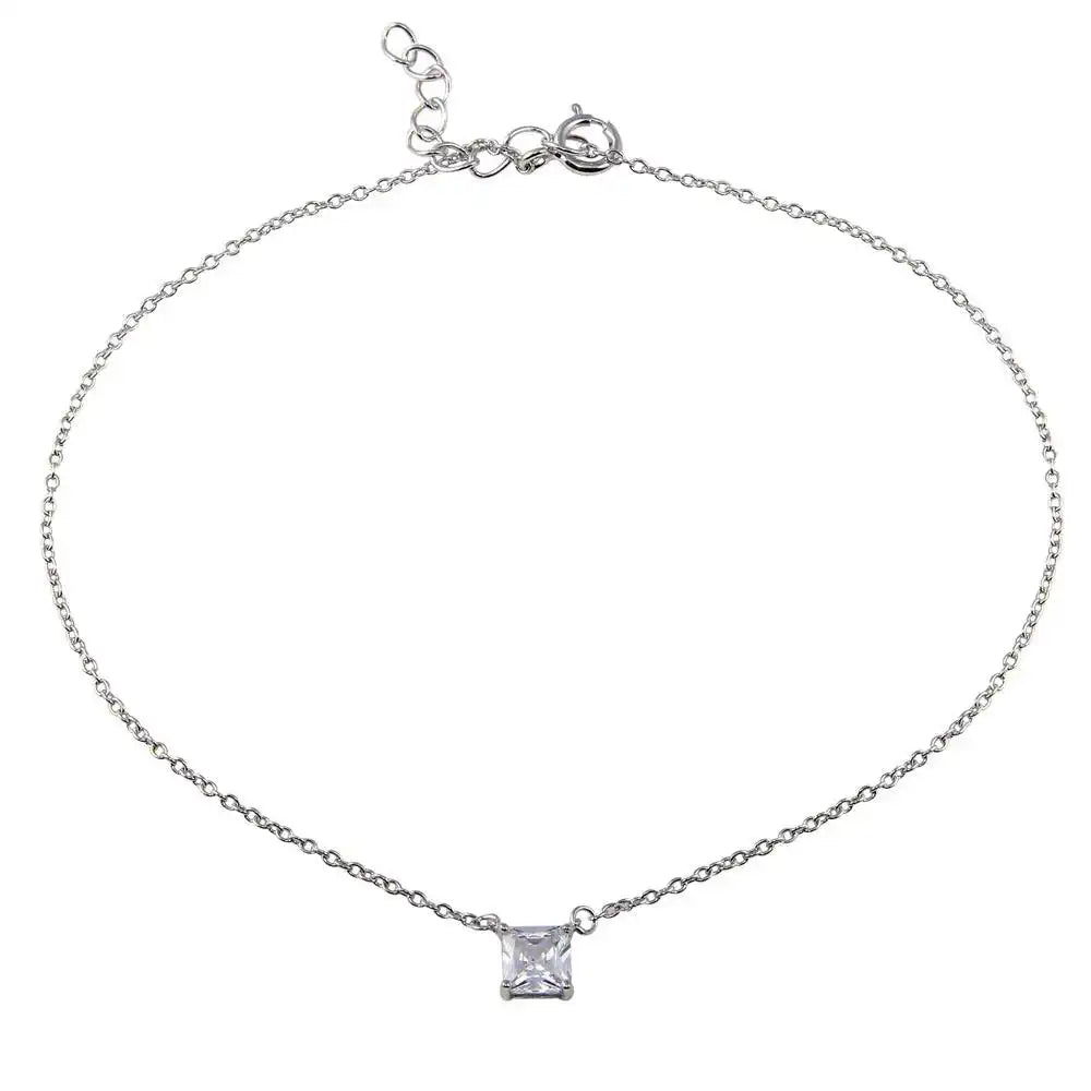 925 Sterling Silver Rhodium Plated Square CZ Anklet