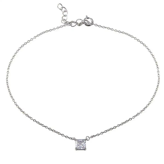 925 Sterling Silver Rhodium Plated Square CZ Anklet
