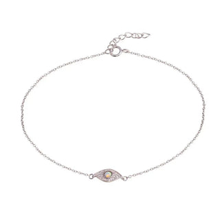 925 Sterling Silver Rhodium Plated Evil Eye CZ Opal Anklet