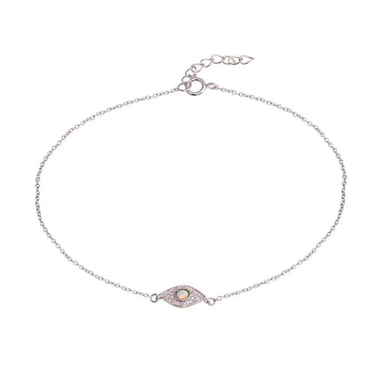 925 Sterling Silver Rhodium Plated Evil Eye CZ Opal Anklet