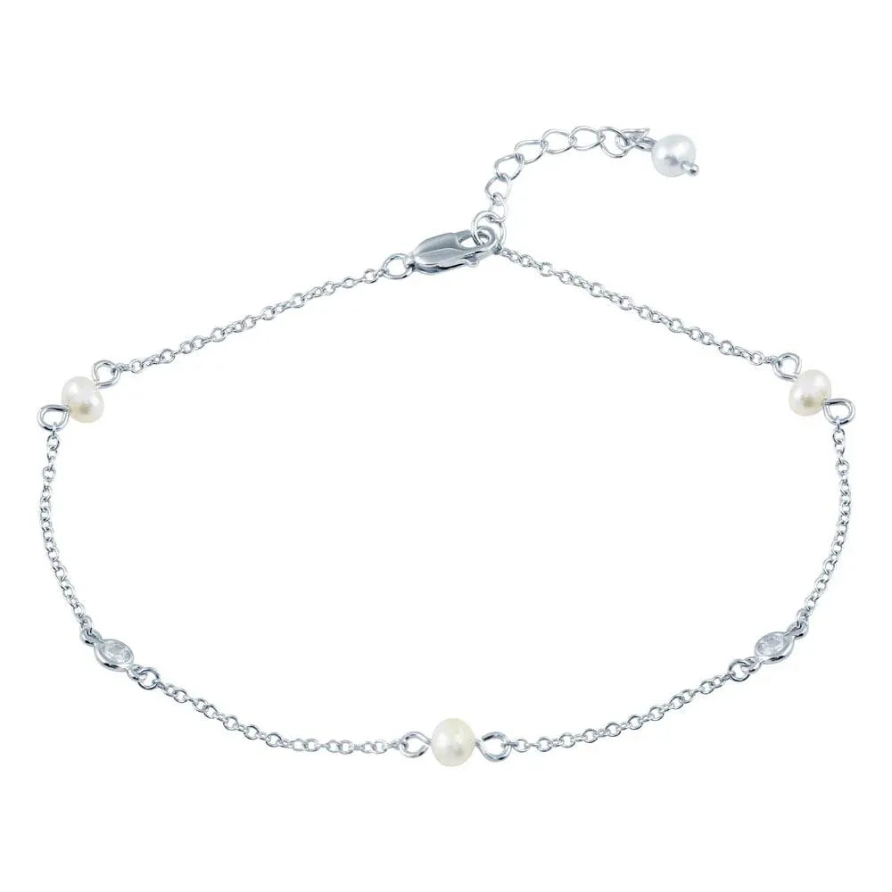 925 Sterling Silver White Pearl Anklet