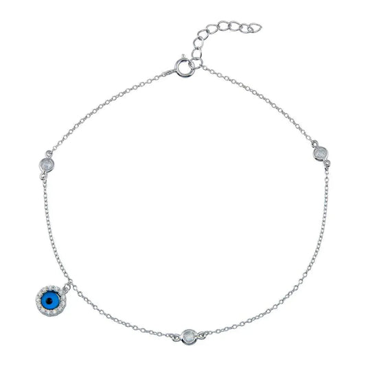 925 Sterling Silver Rhodium Plated Evil Eye CZ Link Anklet