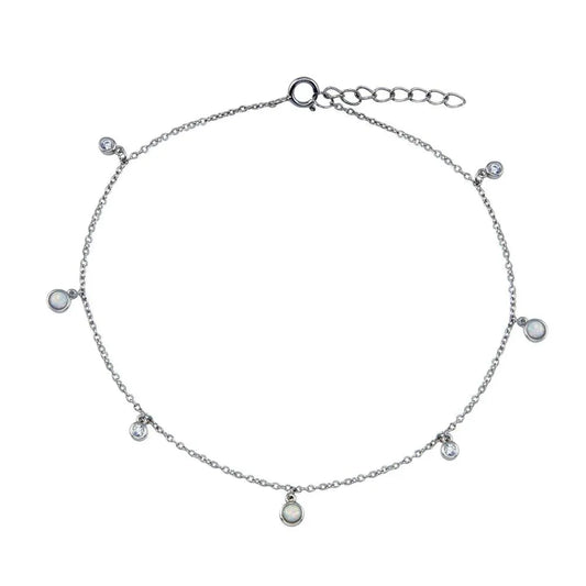 925 Sterling Silver Rhodium Plated Dangling CZ MOP Link Anklet