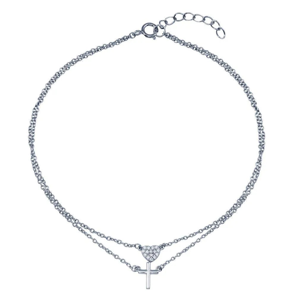 925 Sterling Silver Rhodium Plated Double Row CZ Heart Cross Anklet