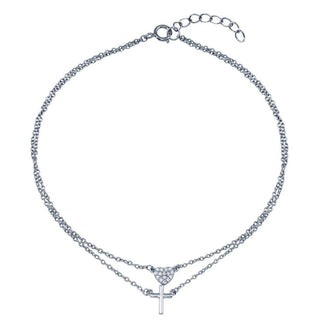 925 Sterling Silver Rhodium Plated Double Row CZ Heart Cross Anklet